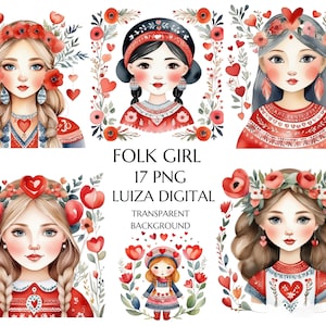 Clipart di arte popolare per bambini con acquerello di San Valentino, ragazza scandinava di San Valentino, donna popolare, clipart, fiori popolari, sublimazione di PNG di amore