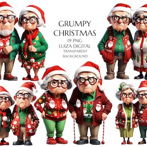 Clipart Noël vieux couple grincheux, vieille dame et vieil homme, dessin animé grand-mère grand-père, Noël grands-parents, usage commercial, sublimation