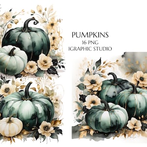 Aquarel groene en gouden pompoenen en bloemen aquarel clipart, herfst boerderij bundel rustieke kaarten maken decor, Thanksgiving, sublimatie