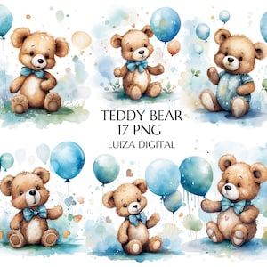 Blue Teddy Bear Clipart, Watercolor Teddy Bear with Balloon Png, Baby Shower Clipart, Boy Birthday Clipart, Woodland Animal, Commercial use