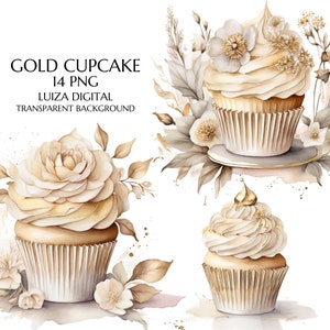 Gold Blumen Cupcake Clipart - 14 hochwertige PNGs, Memory Bücher, Junk Journals, Scrapbooks, Planer, kommerzielle Nutzung, digitaler Download