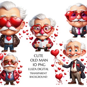 Clipart di un vecchio divertente in formato PNG, Clipart di un vecchio per San Valentino, Clipart di un uomo felice, Clipart di un nonno di San Valentino dei cartoni animati, Clipart di un nonno eccentrico, Clipart di un anziano