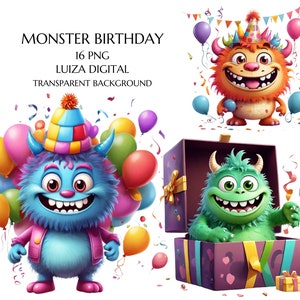 Geburtstag Monster Aquarell Clipart, hohe Qualität PNG, Monster Clipart, süße Geburtstag Tiere Clipart, Sublimation, digitaler Download
