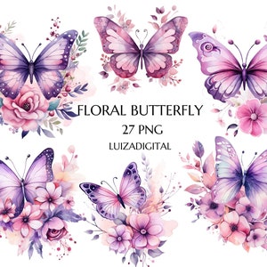 Aquarell Blumen Schmetterling Clipart, Pastell Schmetterling Png, Fee Garten Clip Art, Geburtstag Dekoration, kommerzielle Nutzung, digitaler Download