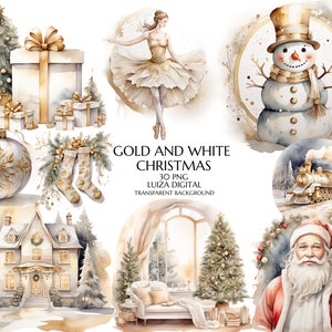 Clipart de Natal Dourado, PNG de Natal em Aquarela, Gráficos de Boneco de Neve Dourado, Varanda de Natal, Papai Noel, Quebra-Nozes, Boneco de Neve, Download Digital