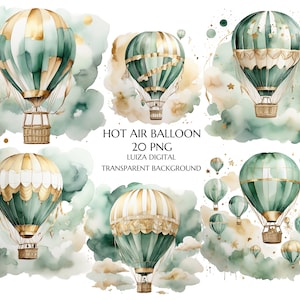 Heißluftballon Clipart, grüner Heißluftballon, Ballons und Wolken, Baby Shower Clipart Partydekoration, Geburtstag Clipart, Kommerzielle Nutzung