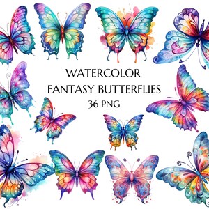 36 cliparts papillon fantaisie aquarelle, clipart jardin féerique, png transparents de haute qualité pour un usage commercial | Téléchargement numérique instantané