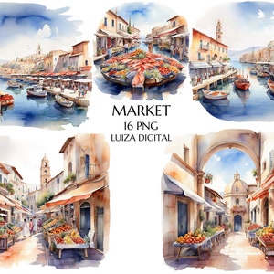 Mediterrane markt clipart, haven png, reizen clipart, zomer, vakantie architectuur png, scrapbooking, digitale download, commercieel gebruik