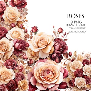 Bordeaux et or Rose PNG, aquarelle Bourgogne Bouquets Clipart, Clipart fleurs mariage, fleurs or Png, usage commercial, PNG numérique