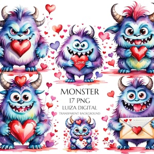 Pacchetto di Clipart di mostri carini per San Valentino ad acquerello, Clipart di mostri per San Valentino, Clipart di mostri innamorati, Clipart di San Valentino per bambini per uso commerciale