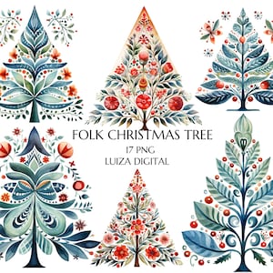 Clipart di albero di Natale scandinavo, PNG di albero di Natale popolare ad acquerello, Clipart di Natale nordico, Clipart di arte popolare natalizia, Clipart Hygge
