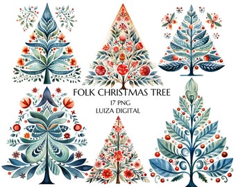 Scandinavische kerstboom clipart, aquarel folk kerstboom png, Nordic kerst clipart, kerst volkskunst clipart, hygge clipart