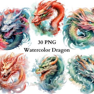 Aquarelle Dragon chinois Clipart, Clipart Dragons fantastiques, Clipart chinois, PNG, tout usage commercial, Clipart aquarelle avec téléchargement immédiat,