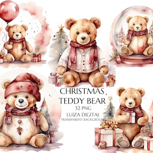 Clipart di orsacchiotto di Natale color bordeaux e oro ad acquerello, albero di Natale rosso, Natale dorato, invito per le feste, sublimazione, uso commerciale