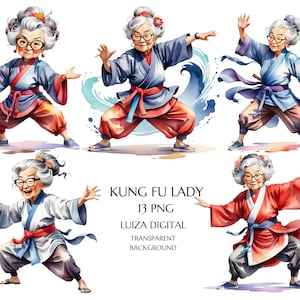 Clipart de anciana asiática en acuarela, anciana de kung fu PNG, clipart de mujer peculiar, abuela divertida de karate, descarga digital, uso comercial
