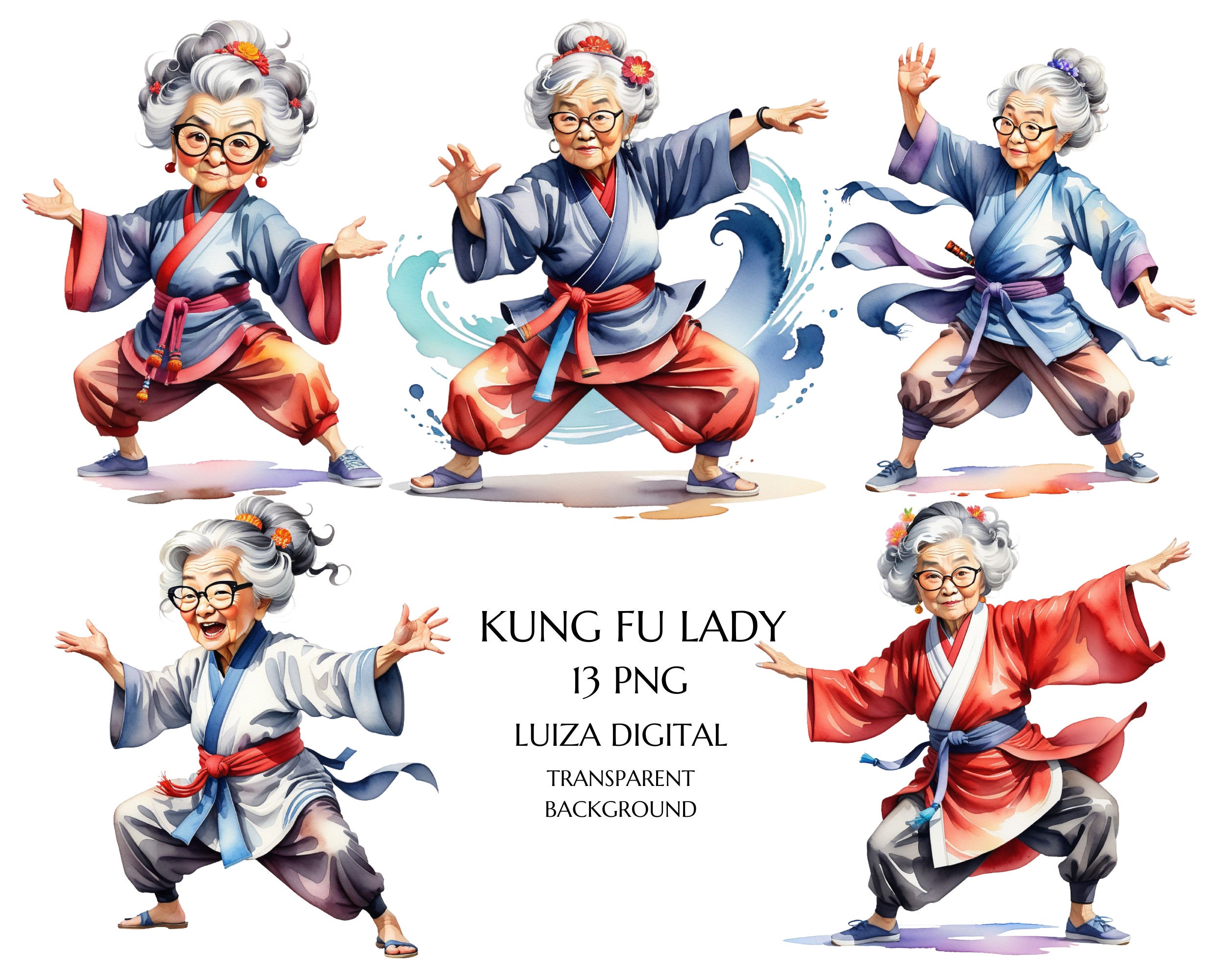 Watercolor Asian Old Lady Clipart, Kung Fu Old Lady Png