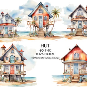 Beach Hut Clipart, 40 PNG Watercolour Images of Seaside Beach Huts, Beach House Clipart, Transparent Background, Commercial Use, Sublimation