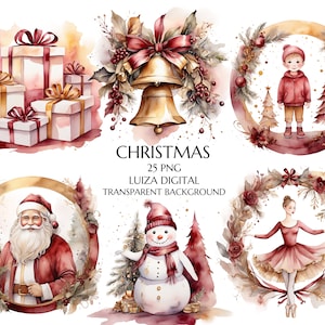 冬のホリデーデコレーションに使えるゴールドのクリスマスクリップアートと水彩画のクリスマスPNG