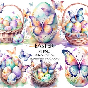 Clipart oeuf de Pâques, clipart papillon, clipart printemps, oeufs avec fleurs Png, nid Png, panier de Pâques Png, téléchargement numérique, usage Commercial