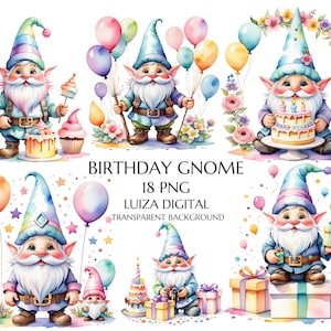 Birthday Gnome Clipart, 19 PNG Watercolor, Junk Journal, Card Making, Gift Tag, Teacher Shirt, Digital Images Sublimation Printable