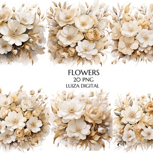 Blumen PNG, Aquarell Weiß und Gold Blumen Clipart Blumensträuße, Hochzeitsblumen Clipart Gold Blumen Png, Clipart für kommerzielle Nutzung, Sublimation
