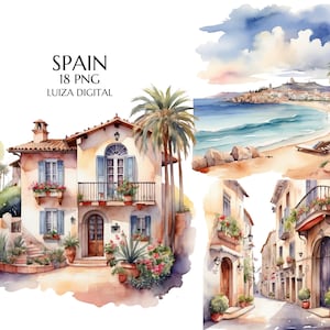 Aquarel Spaanse clipart, Spaanse esthetiek, Spaanse landschappen, architectuur clipart, olijftak, eten clipart, scrapbooking