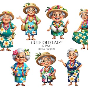 Clipart vieille dame d'Hawaï, aquarelle Aloha Hawaii, grand-mère Hawaii, Hawaii Ohana, clipart voyage, palmiers, usage commercial, téléchargement numérique