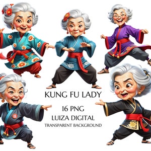 Clipart di una vecchia signora asiatica dei cartoni animati, Clipart di una vecchia signora di kung fu, Clipart di una donna eccentrica, Clipart di una nonna divertente di karate, Clipart di una nonna felice, Clipart digitale