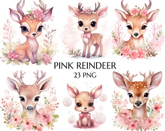 Aquarel roze bloemen herten clipart, bosdieren clipart, aquarel lente rendieren clipart, babyshower, Valentines dierlijke clipart