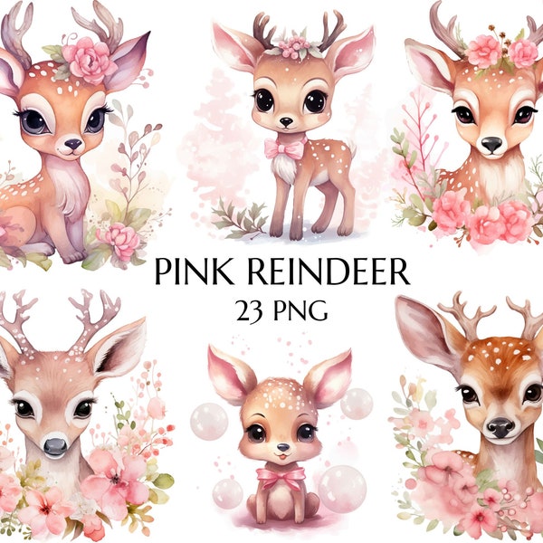 Watercolor Pink Floral Deer Clipart, Woodland Animals Clipart, Watercolor Spring Reindeer Clipart, Baby Shower, Valentines animal Clipart
