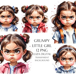 Clipart di bambina scontrosa PNG, ragazza divertente, clipart di ragazza arrabbiata, bambini divertenti dei cartoni animati, clipart di compleanno di bambina carina, sublimazione