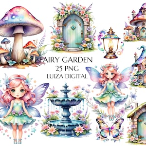 Pastelowa urocza wróżka dziewczyna ogród clipart, akwarela wróżka dom clipart, wróżki magiczny ogród, wróżkowe drzwi, wróżkowy motyl, sublimacja