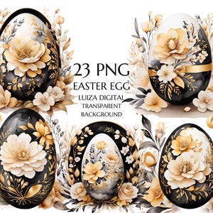 Oeuf floral Clipart, Clipart oeufs de Pâques aquarelle, oeuf de Pâques noir et or PNG, printemps, clipart fleurs or, sublimation, usage Commercial