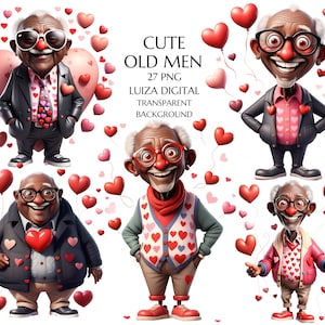 Abuelo negro, clipart de anciano divertido de San Valentín, abuelo de dibujos animados, png de anciano de San Valentín, amor de abuelo, sublimación, uso comercial