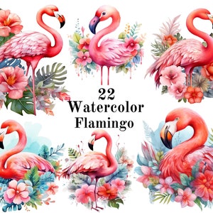 Watercolor Flamingo Clipart, Flamingo Watercolor, Exotic Clipart, Tropical Clipart, Watercolor Bird and Floral Clipart, Flamingo PNG