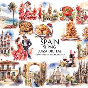 Aquarel Spanje clipart, Spaanse esthetiek, Spaanse landschappen, architectuur clipart, olijftak, voedsel clipart, scrapbooking, commercieel