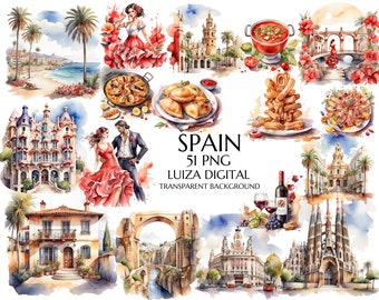 Aquarel Spanje clipart, Spaanse esthetiek, Spaanse landschappen, architectuur clipart, olijftak, voedsel clipart, scrapbooking, commercieel
