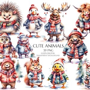 Winter dieren clipartbundel, kerst bosdieren clipart, pastel kerst dieren clipart, vakantie sublimatie, commercieel gebruik,