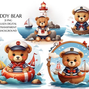 Clipart de osito marinero, clipart de guardería náutica, osito de peluche, clipart de playa, clipart de océano, PNG de mar, faro, uso comercial