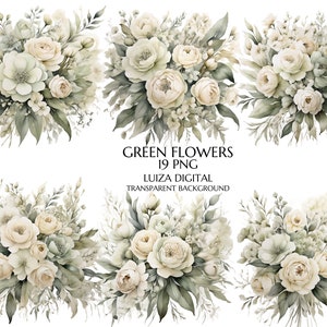 Sage Green and Ivory Flowers PNG, Watercolor Floral Clipart Bouquets, Wedding Bouquet. Floral Summer Commercial Use, Digital clipart PNG