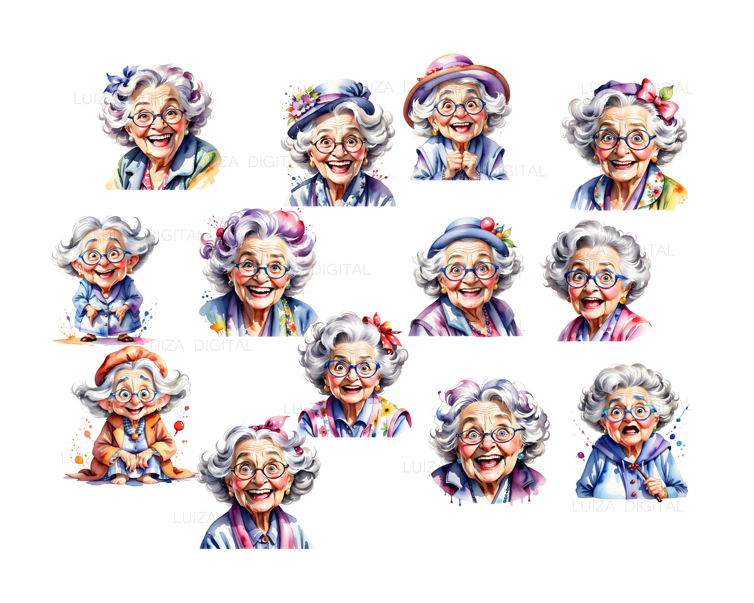 Watercolor Funny Old Lady Clipart, Funny Drunk Old Lady Png, Happy ...