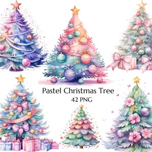 Christmas Tree Clipart – Watercolor Pastel Holiday PNG Bundle for Winter Crafts & Xmas Decor