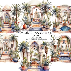 Marokkaanse tuin clipart, Marokkaanse clipart, aquarel mediterrane tuin, Afrikaanse png, botanische clipart, digitale download commercieel gebruik