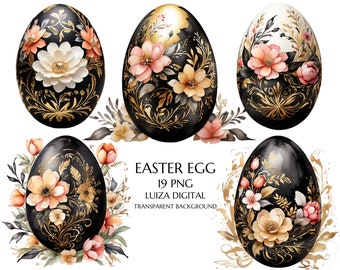 Elegant Floral Easter Egg Clipart, Gold Easter Egg Clipart, Transparent Backgrounds, Commercial Use, Digital Download, Watercolor Clipart