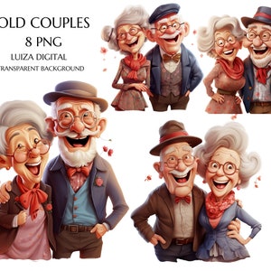 Niedliches glückliches altes Paar Clipart PNG, alte Dame und alter Mann, glückliche Oma und Opa, Geschenk für romantische Großeltern, Valentinstag Paar