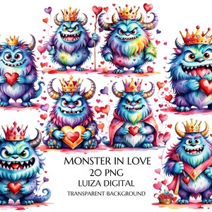 Clipart di mostri di San Valentino con cartoni animati carini ad acquerello, clipart di San Valentino 20PNG, clipart di compleanno di mostri, San Valentino per bambini, uso commerciale