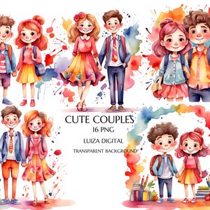 Aquarelle mignon clipart Saint-Valentin, Clipart Couple adolescent Saint-Valentin, Clipart mariage, sublimation de la rentrée, fabrication de cartes,