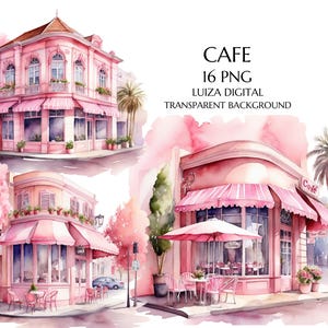Pink Cafe Clipart Akwarela, Clipart Frontu Sklepu, Francuska Kawiarnia, Projekt Sublimacji, PNG, Dziennik Śmieci, Rękodzieło Papierowe, Użytek Komercyjny