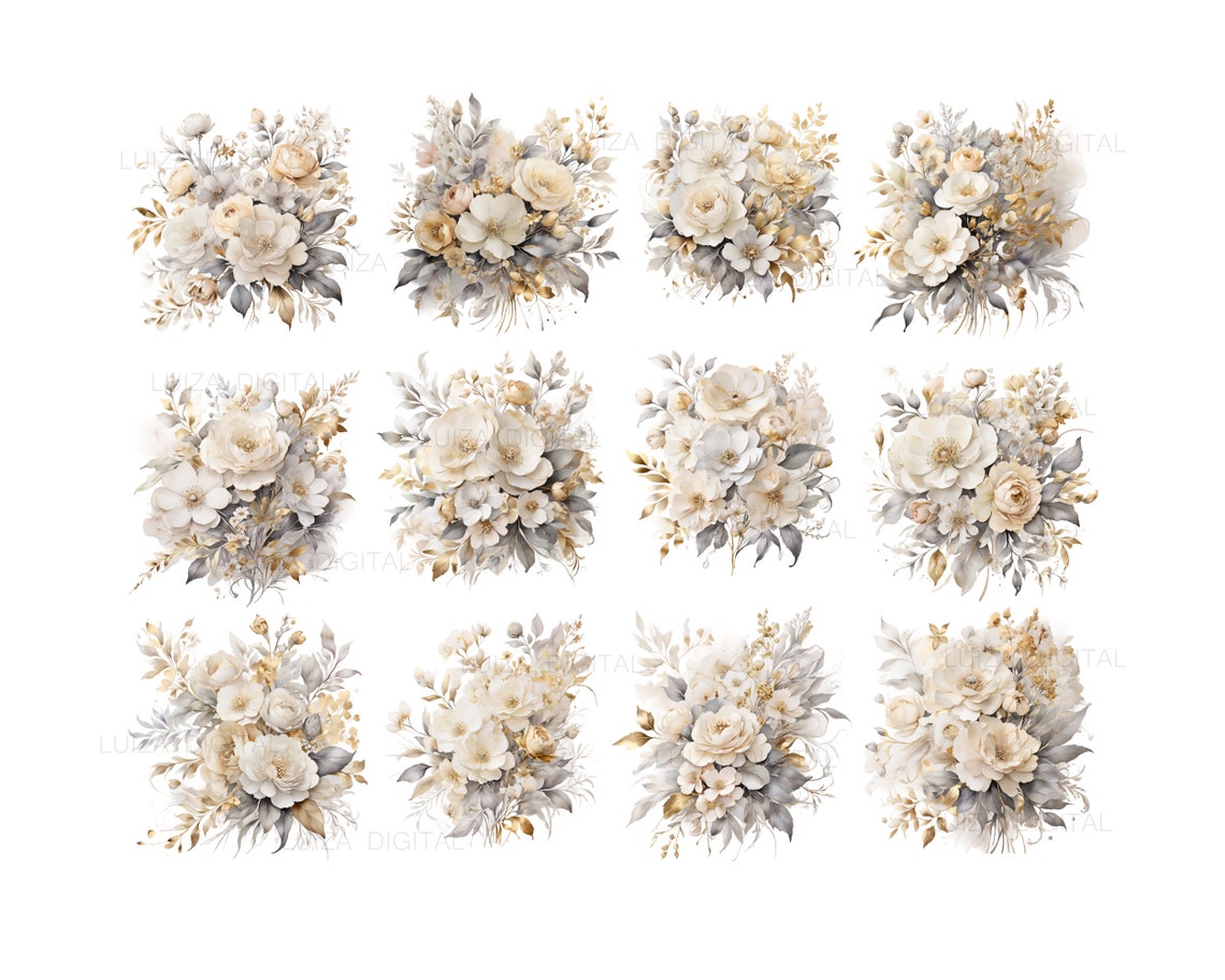Silver and Gold Flowers PNG, Watercolor Floral Clipart Bouquets
