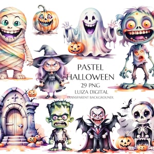 Watercolor Pastel Halloween Clipart, Halloween PNG, Cute Halloween Pumpkin, Spooky Halloween Clipart bundle, Sublimation, Commercial Use